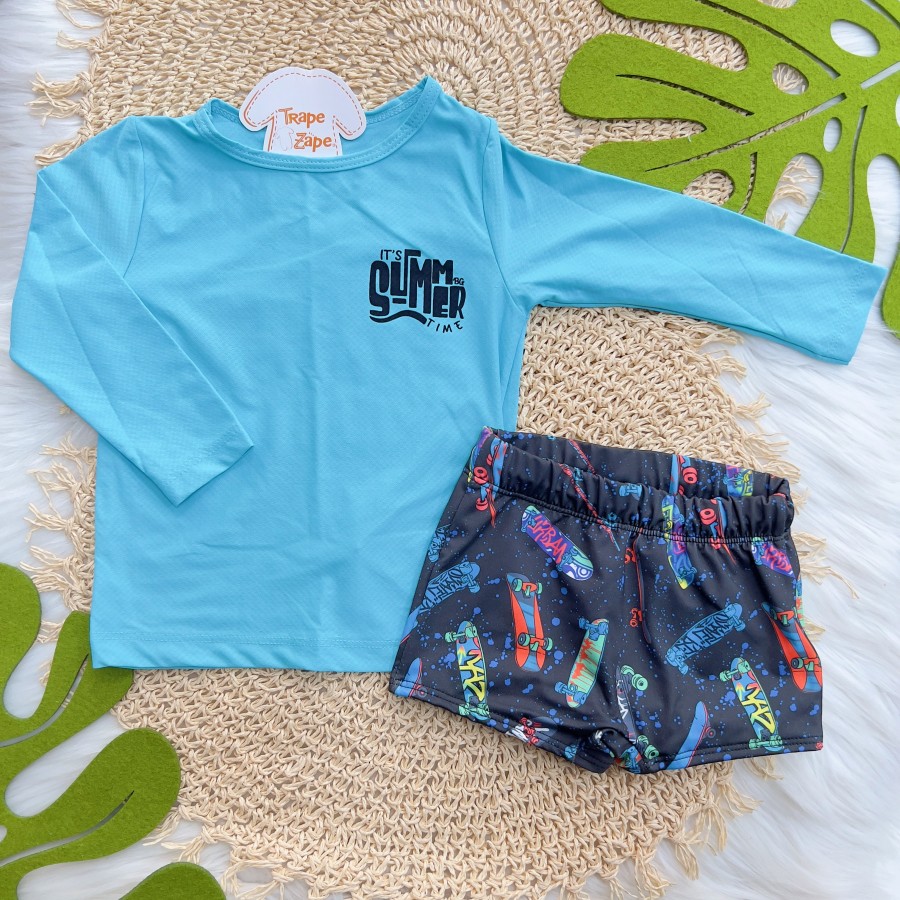 Praia Blusa Manga Longa  It's Summer com Proteção FPU 50+ e Sunga Skates - Azul